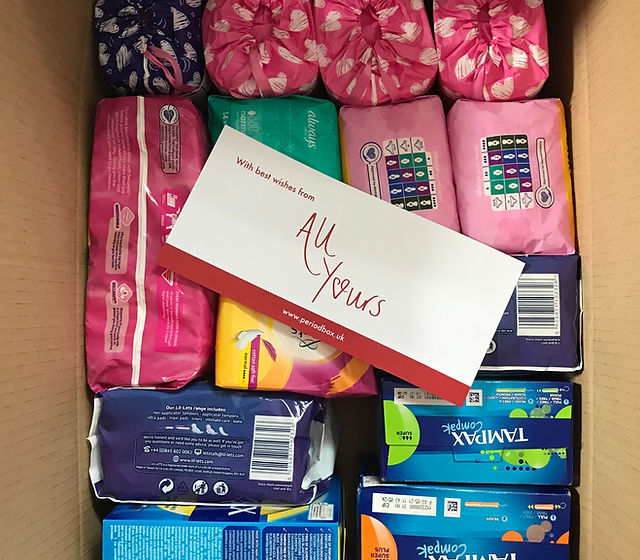 An All Yours Period Box packed with period products and a branded thank-you card.