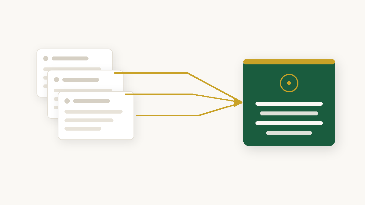 Illustration of three duplicate documents converging into a single organised record.