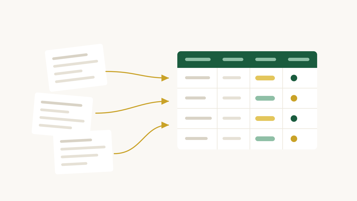 Illustration of loose documents becoming a structured table of rows and columns.
